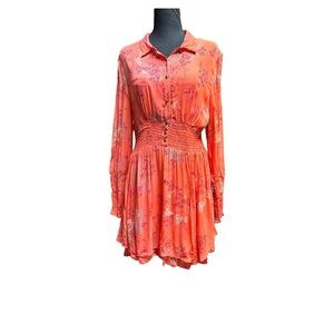 Free People Coquette Priest Sleeve Orange Floral Mini Dress Size Medium